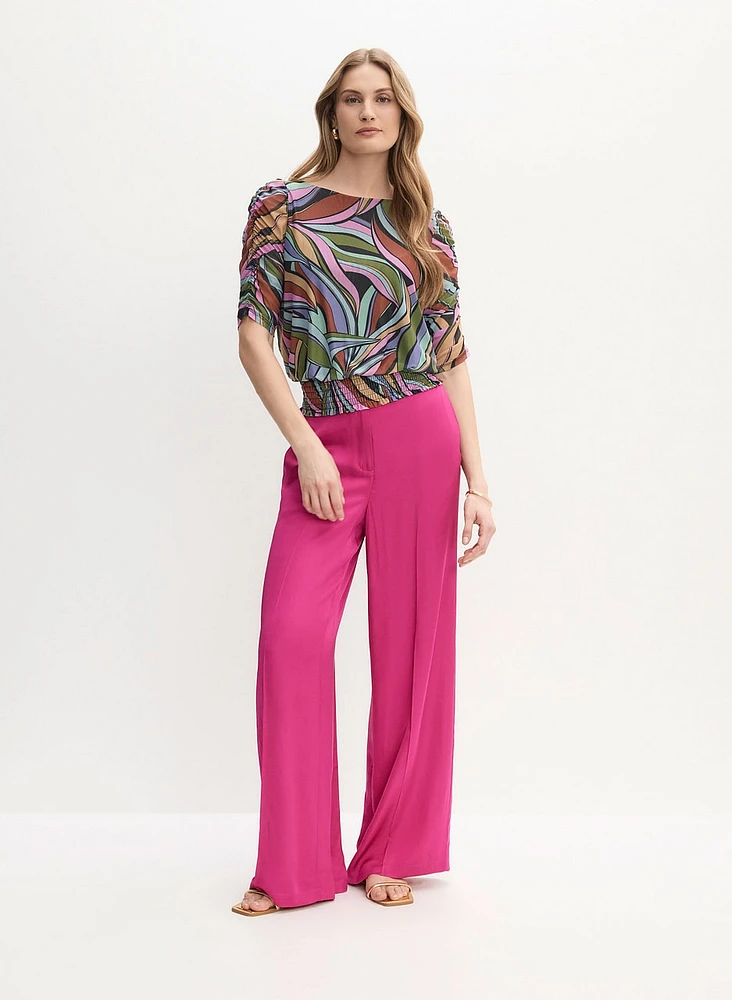 Abstract Print Top & Satin Wide Leg Pants