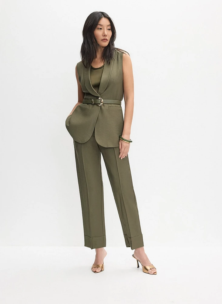 Sleeveless Crinkle Jacket & Cuffed Straight-Leg Pants