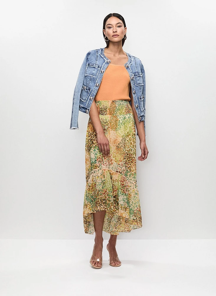 Frayed Denim Jacket & Crepe Maxi Skirt