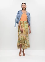 Frayed Denim Jacket & Crepe Maxi Skirt