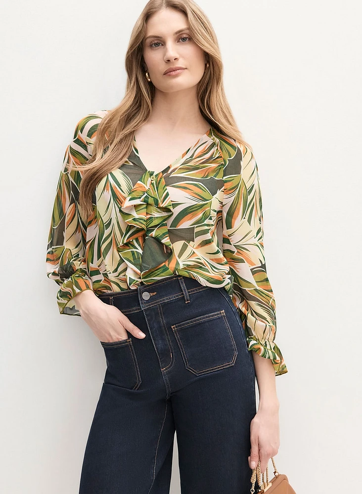 Palm Print Ruffle Front Blouse