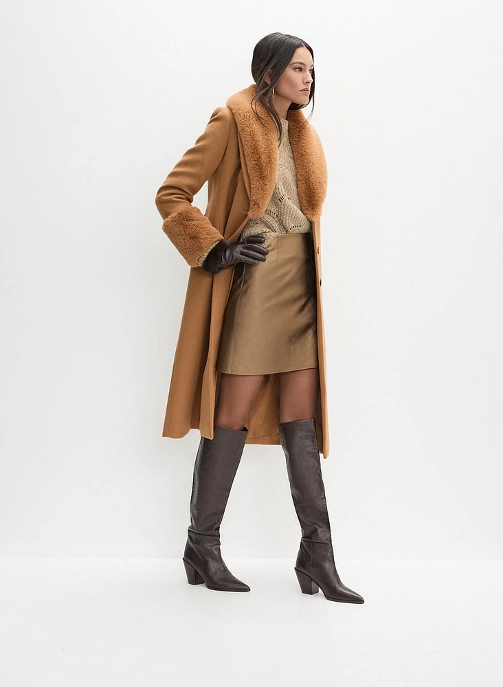 Wool-Blend Faux Fur Collar Coat