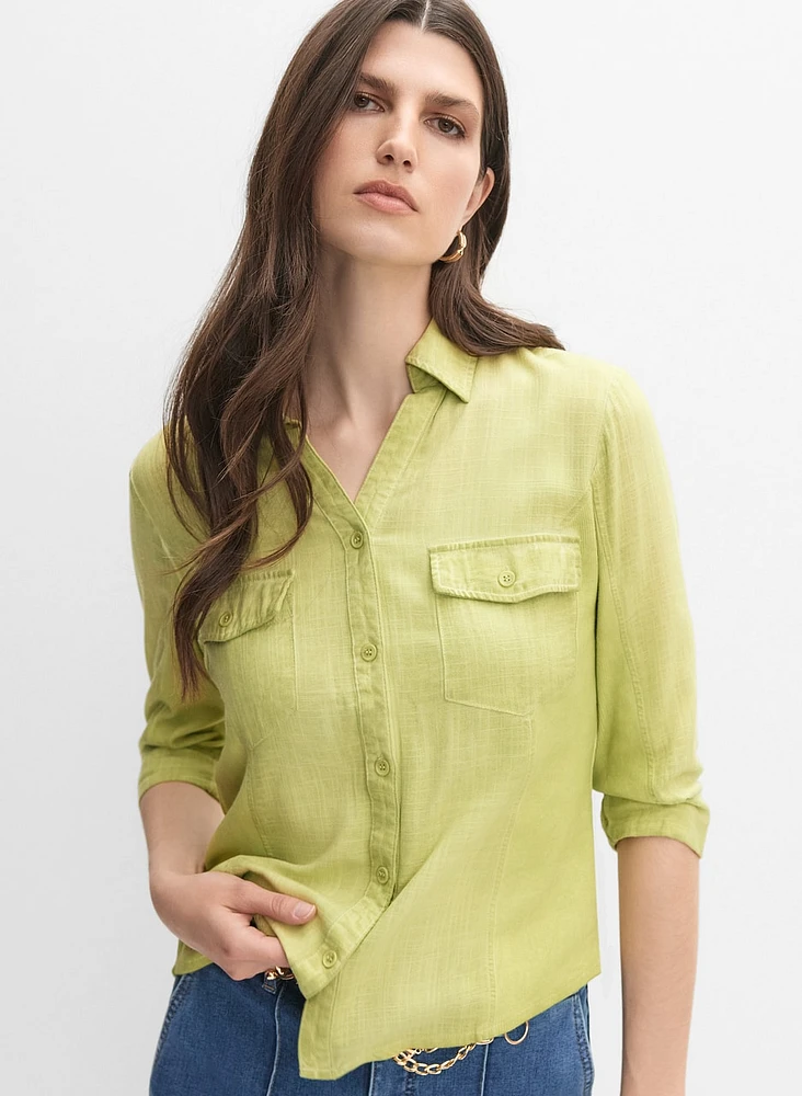 Linen-Blend Crosshatch Detail Blouse