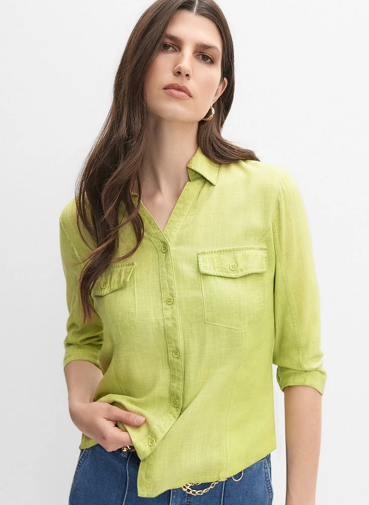 Linen-Blend Crosshatch Detail Blouse