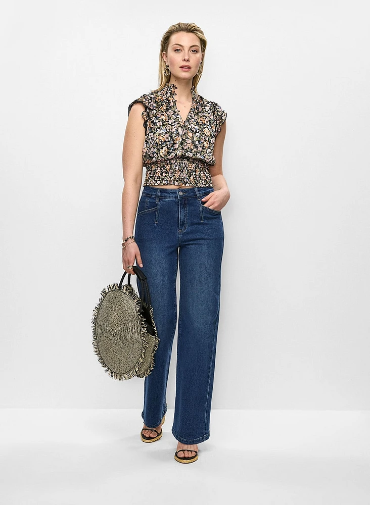 Ruched Hem Floral Blouse & Dart Waist Wide Leg Jeans