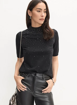 Rhinestone Detail Knit T-Shirt