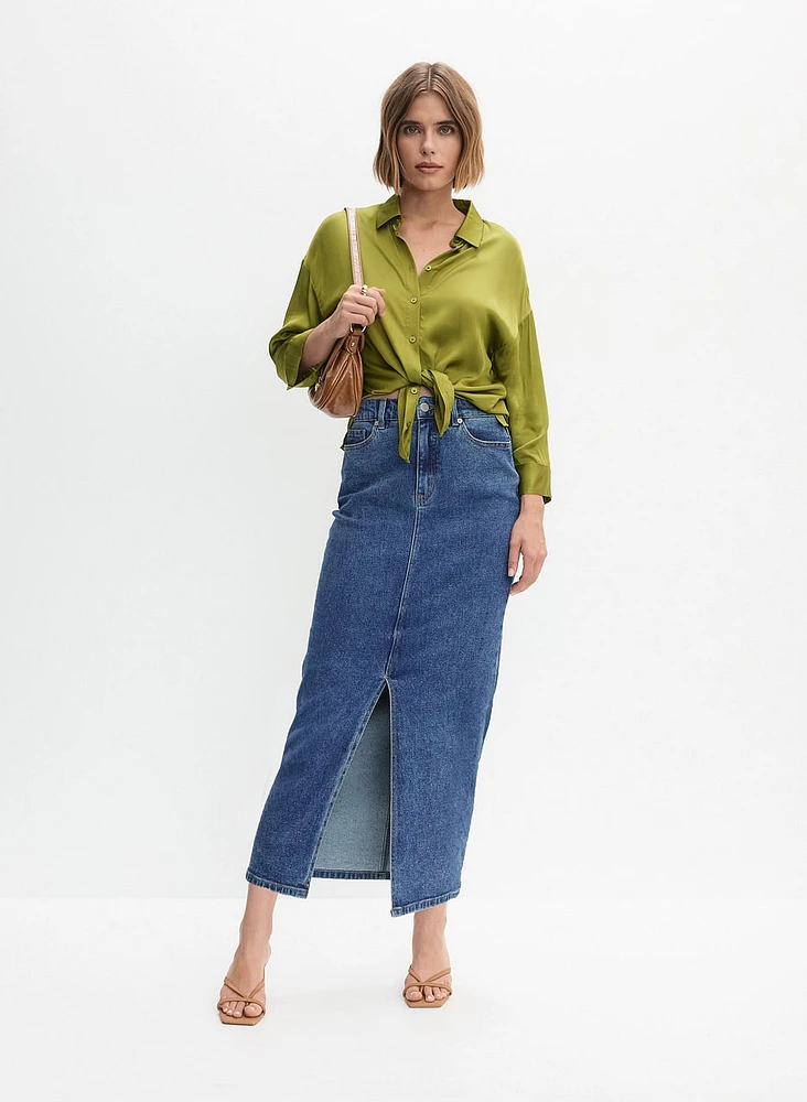 Front Slit Long Denim Skirt