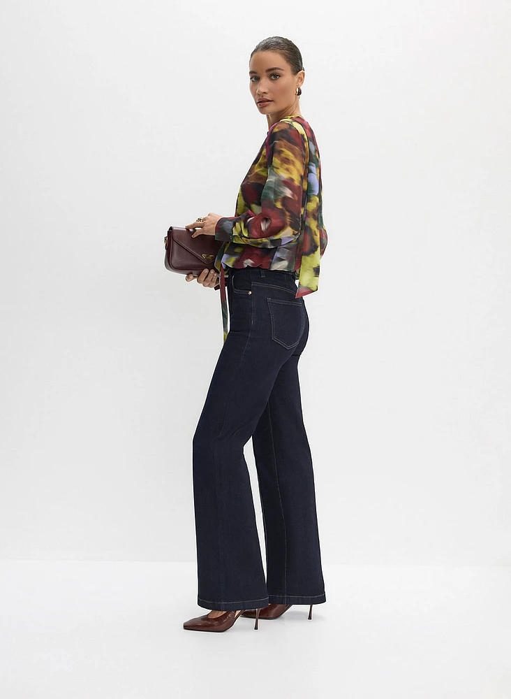 Pintuck Detail Wide Leg Jeans