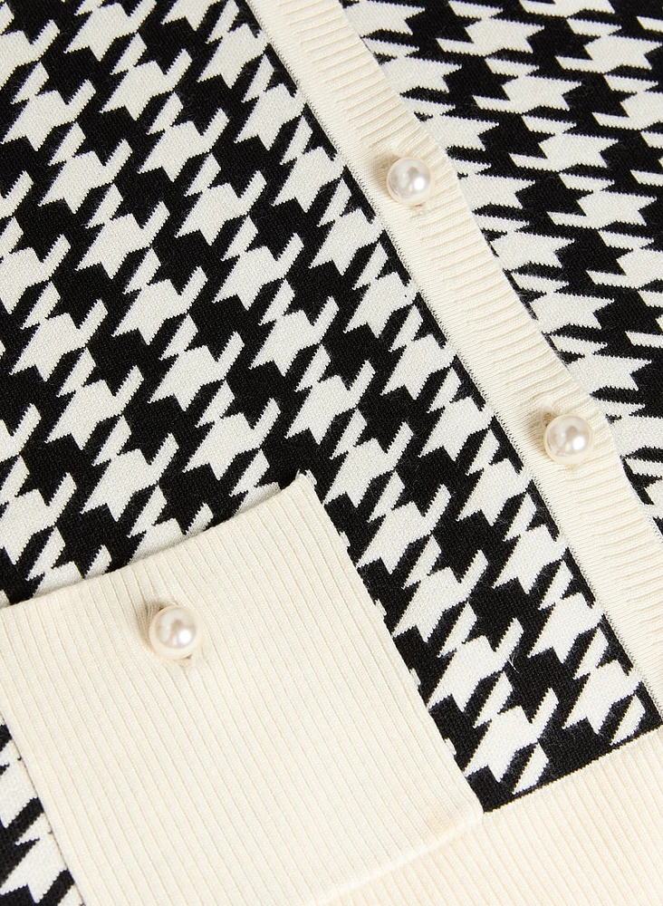 Contrast Houndstooth Print Cardigan