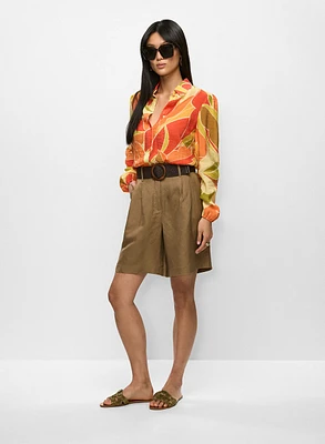 Tropical Smocked-Waist Blouse & Braided Belt Linen-Blend Shorts