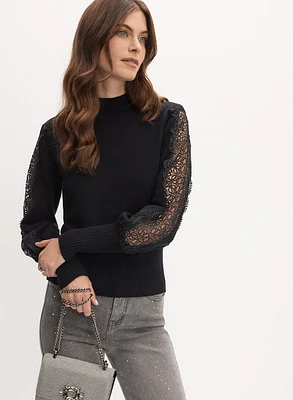 Lace Inset Balloon Sleeve Sweater