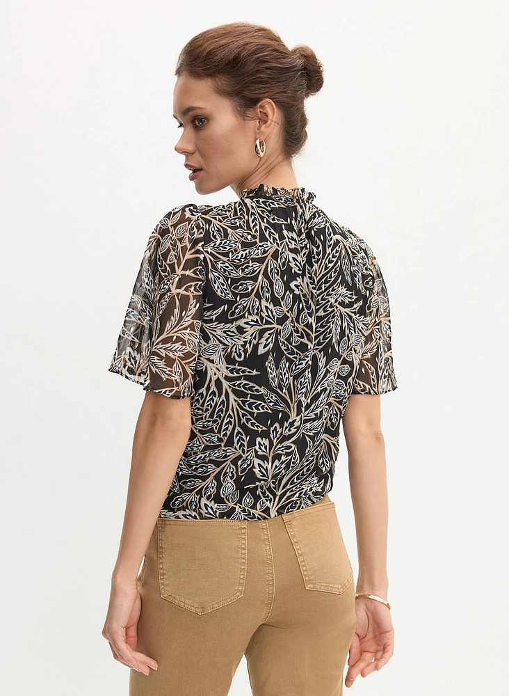 Leaf Print Tie Waist Blouse