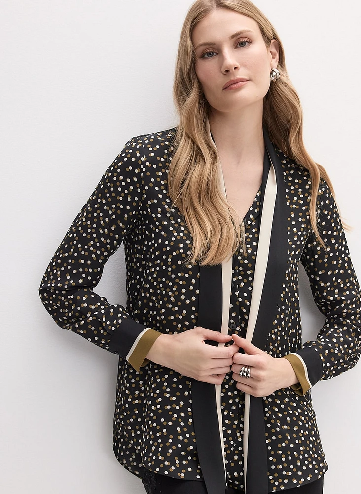 Polka Dot Print Tie Neck Blouse