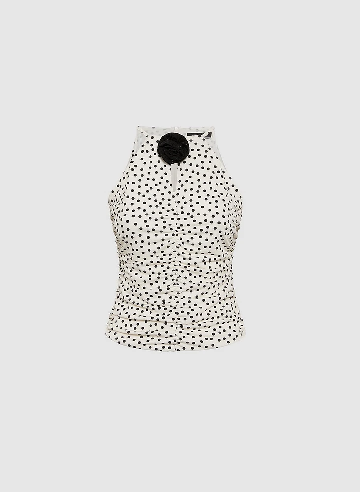 Rosette Embellished Dot Print Top