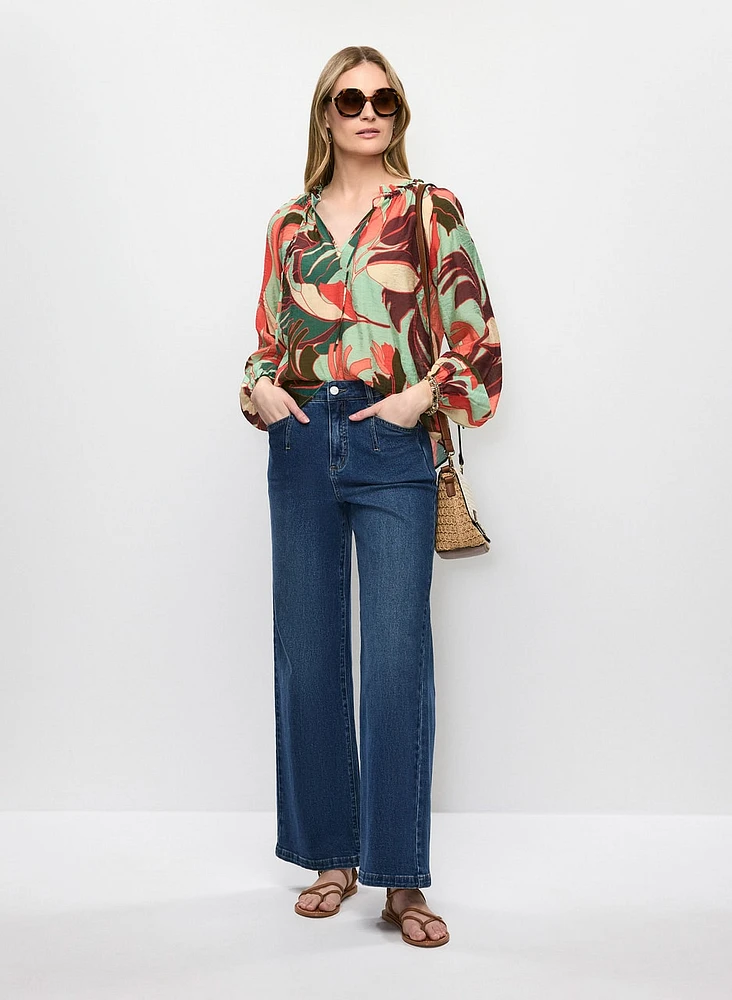 Blouse à manches bouffantes et motif géométrique