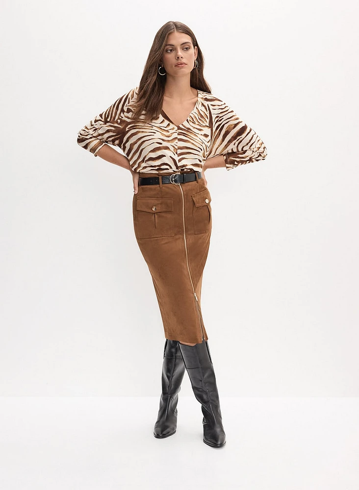 Zebra Print V-Neck Top & Faux Suede Skirt