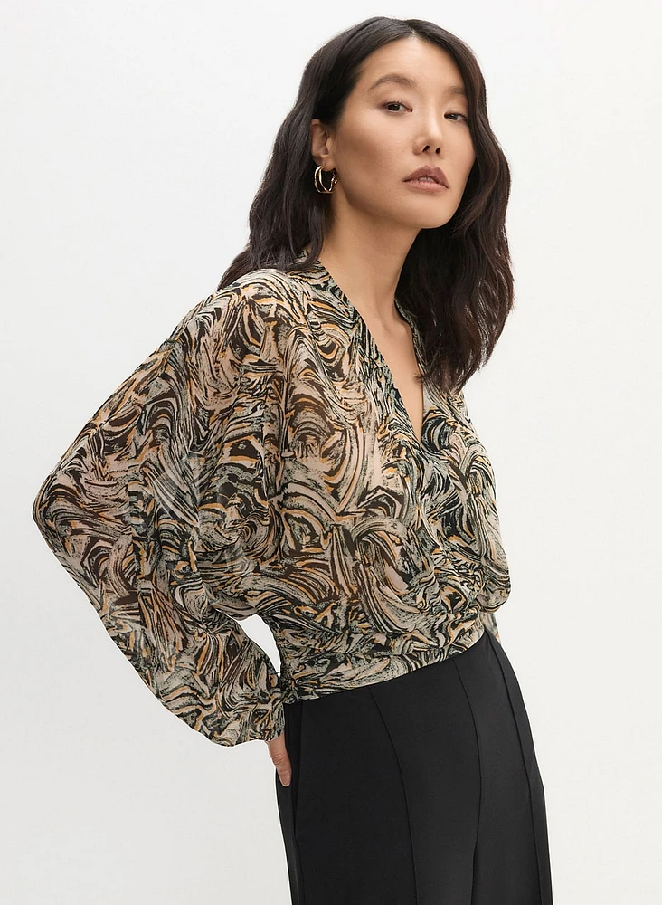 Faux-Wrap Abstract Print Blouse