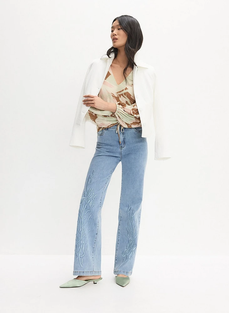 Crinkled Cropped Jacket & Embroidered Wide-Leg Jeans