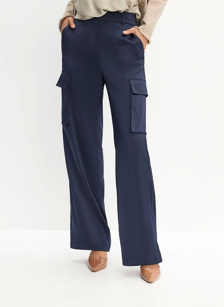 Satin Wide-Leg Cargo Pants