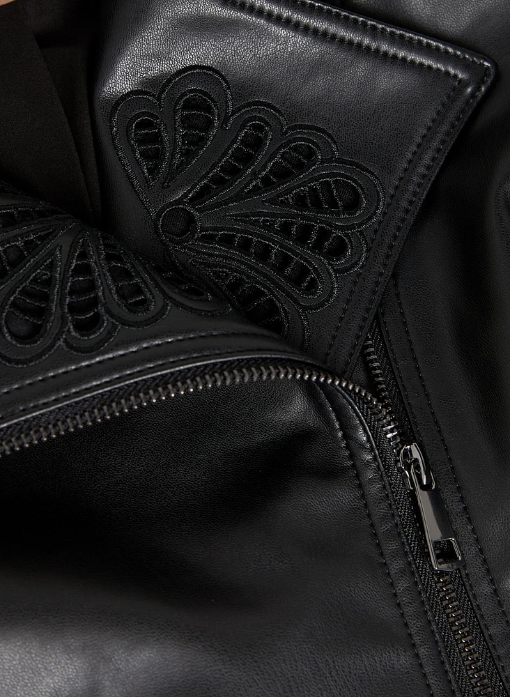 Embroidered Detail Vegan Leather Jacket