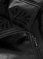 Embroidered Detail Vegan Leather Jacket