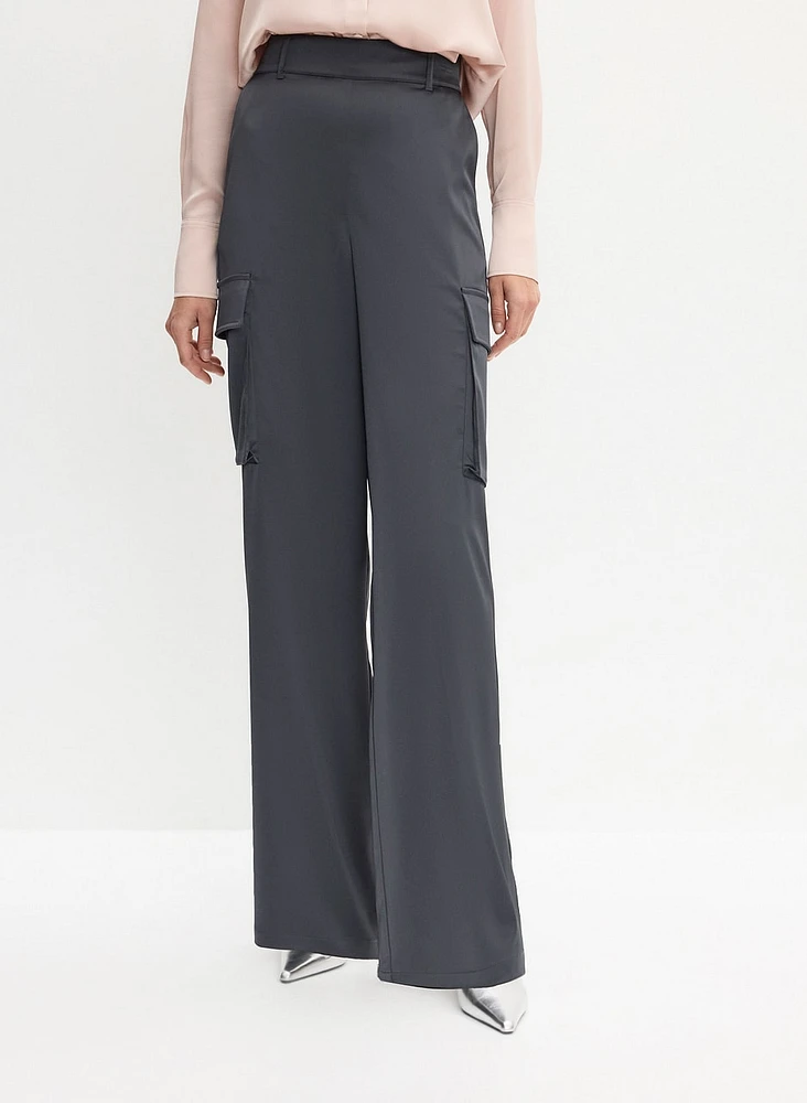 Satin Wide-Leg Cargo Pants