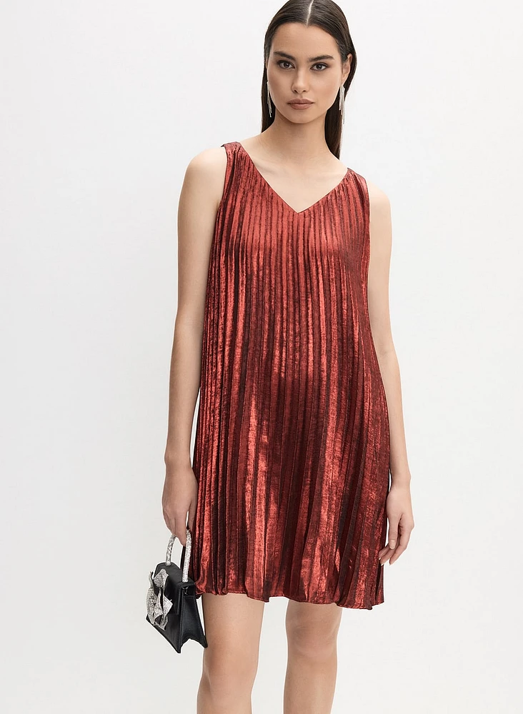 Metallic A-Line Plissé Dress