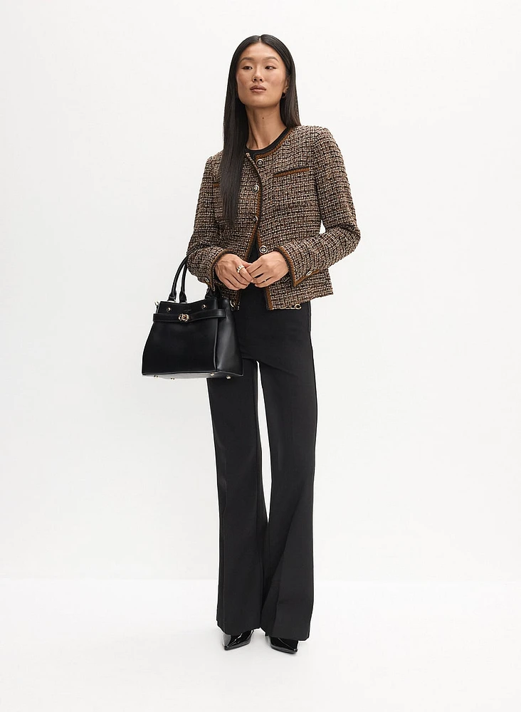 Bouclé Cardigan & Chain Trim Bootcut Pants