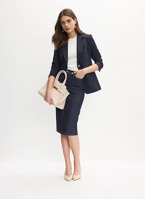 Embossed Button Blazer & Denim Pencil Skirt