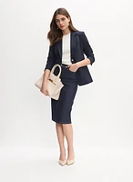 Embossed Button Blazer & Denim Pencil Skirt