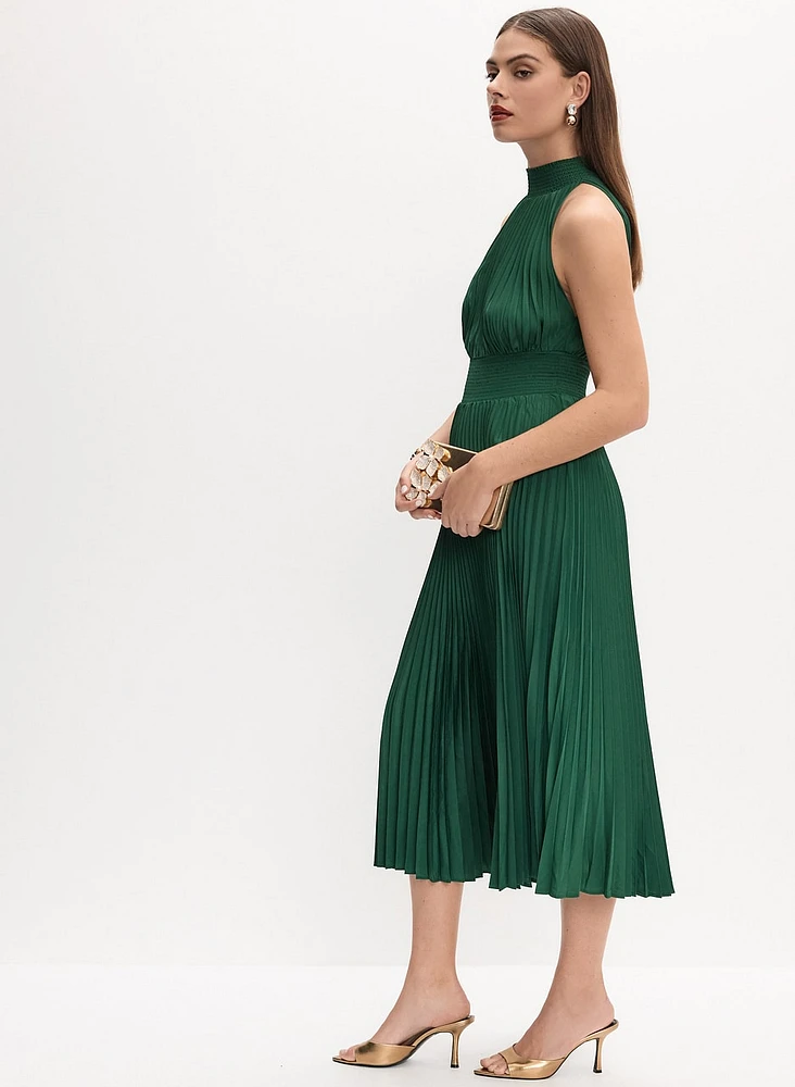 High Neck Satin Plissé Dress