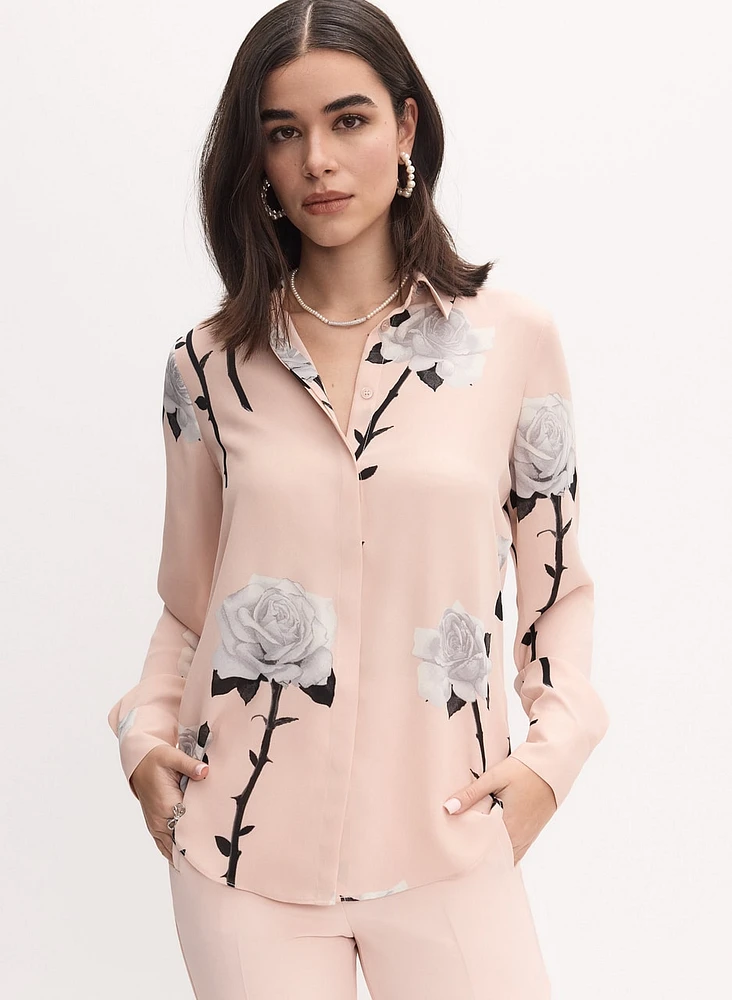 Rose Print Button-Down Blouse