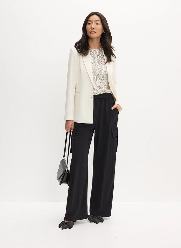 Satin Trim Tuxedo Jacket & Wide-Leg Cargo Pants