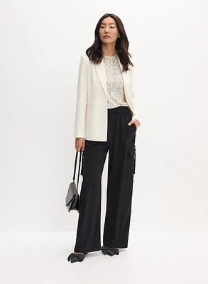 Satin Trim Tuxedo Jacket & Wide-Leg Cargo Pants