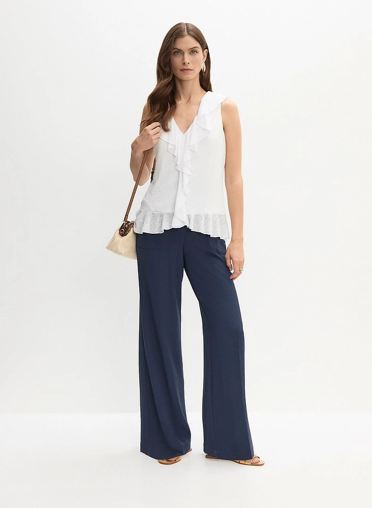 Ruffle Detail Linen Top & Shirred Waist Pants