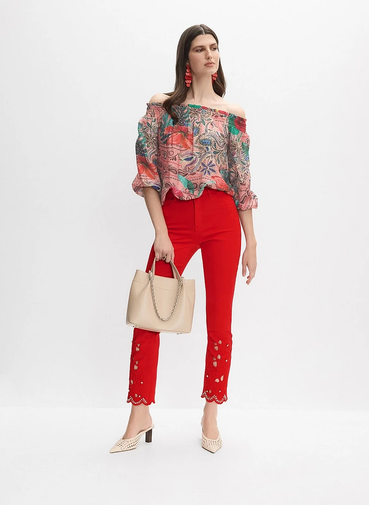 Mixed Print Off-Shoulder Blouse