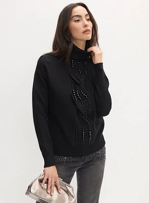 Beaded Twist Front Turtleneck Sweater