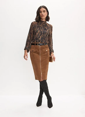 Animal Print Mesh Top & Faux Suede Skirt