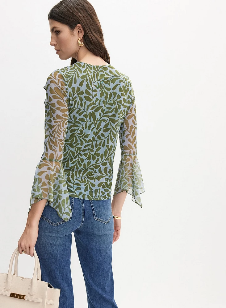 Vine Print Ruffle Front Blouse