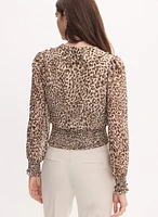 Animal Print Ruffle Front Blouse