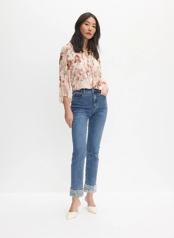 Pearl Embellished Straight-Leg Jeans