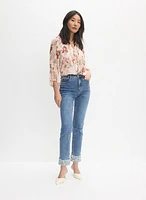 Floral Chiffon Blouse & Pearl Embellished Straight-Leg Jeans