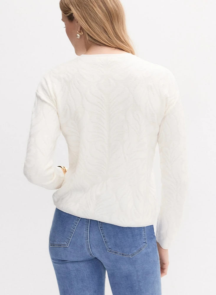 Embossed Floral Print Crew Neck Sweater