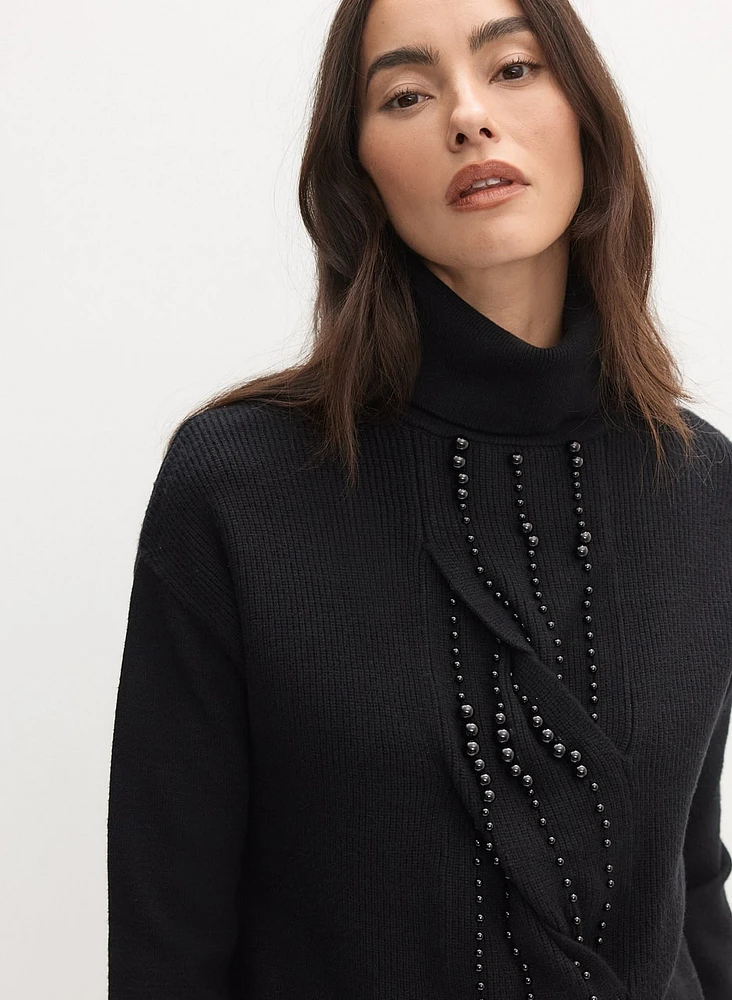 Beaded Twist Front Turtleneck Sweater