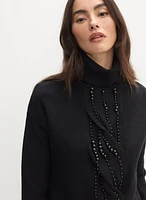 Beaded Twist Front Turtleneck Sweater