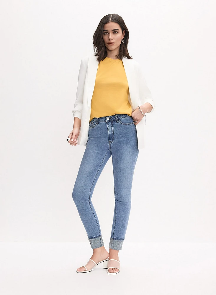 Rolled Sleeve Jacket & Embellished Cuff Slim-Leg Jeans