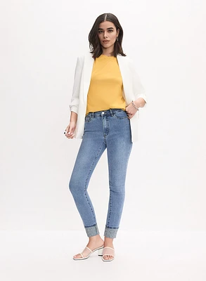 Rolled Sleeve Jacket & Embellished Cuff Slim-Leg Jeans