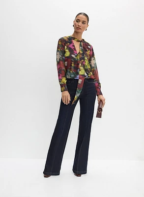 Floral Print Chiffon Blouse & Wide Leg Jeans