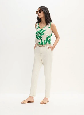 Sleeveless Leaf Print T-Shirt & Tie-Waist Jeans