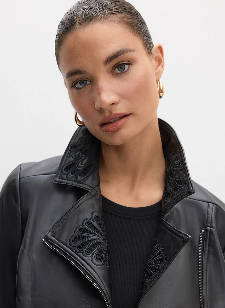 Embroidered Detail Vegan Leather Jacket